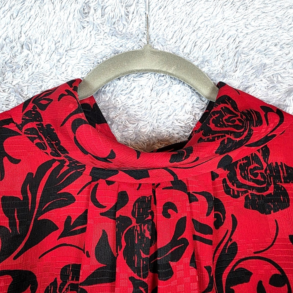 Vtg‎ Red Black Chiffon Floral Top Laura and Jane Secretary High Neck Medium - Picture 3 of 11
